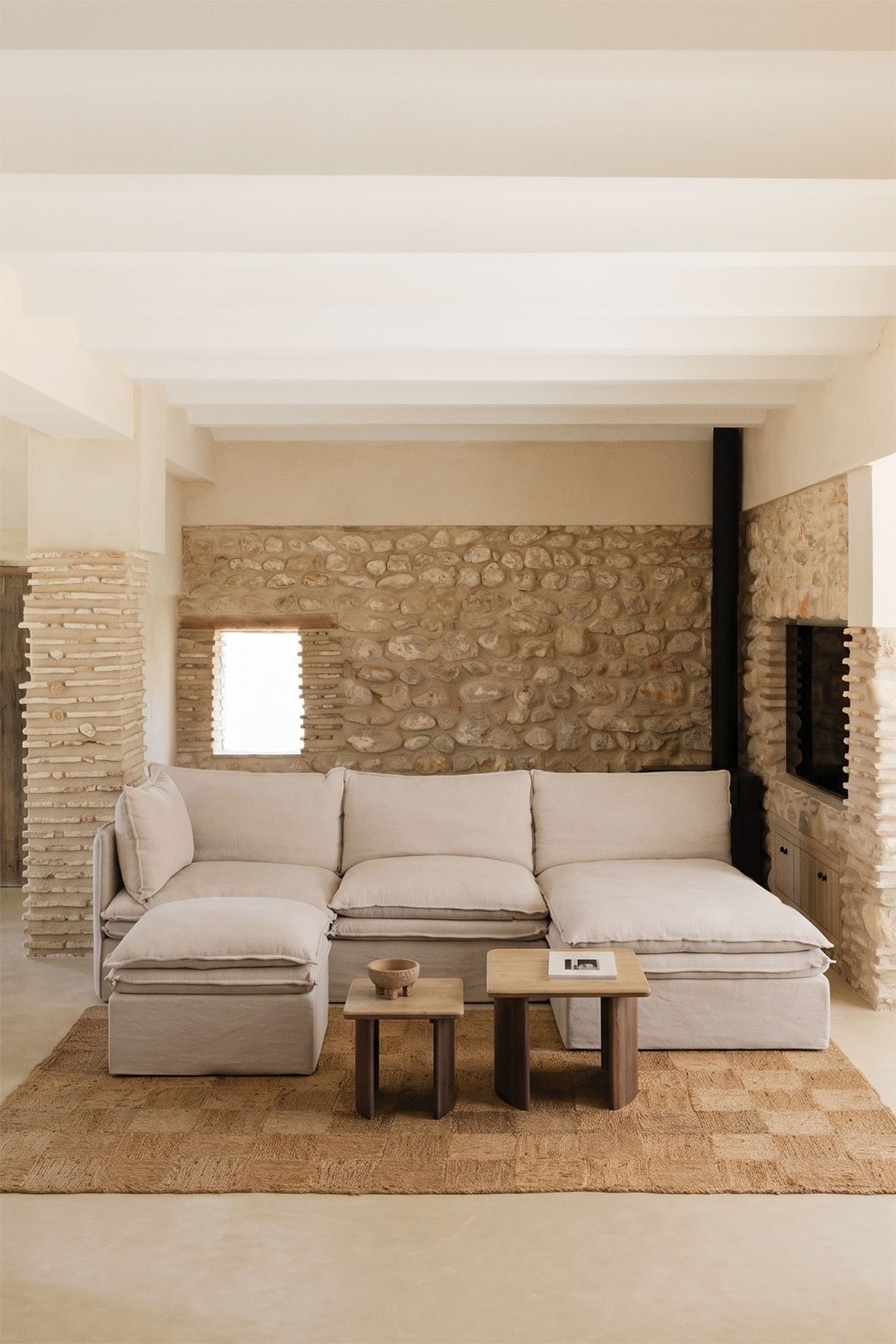 Sofá modular chaise longue de 3 peças e puff em linho e algodão Grace, imagem de galeria 13