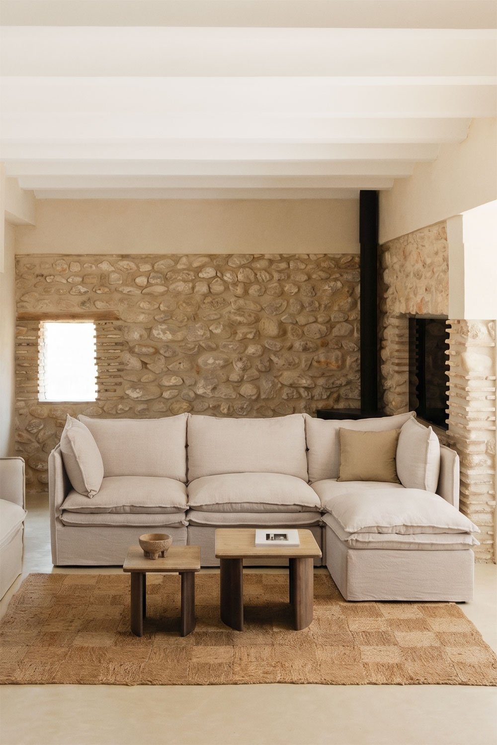 Sofá modular de 3 peças e puff em linho e algodão Grace, imagem de galeria 1