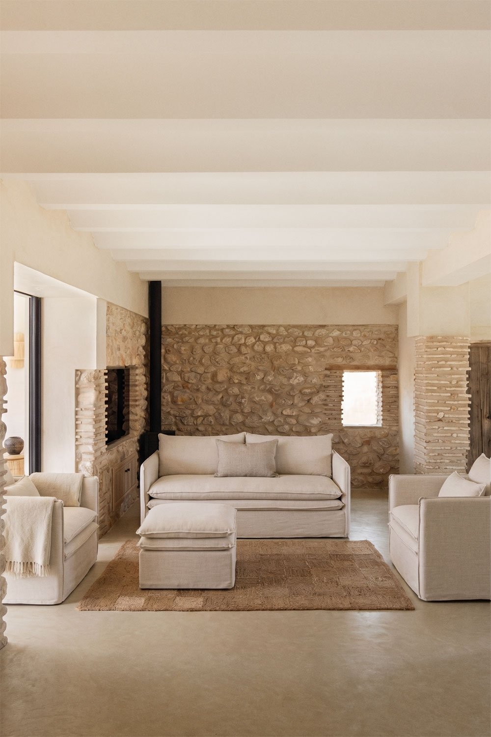 Conjunto de sala com sofá de 2 lugares, 2 poltronas e puff em linho e algodão Grace, imagem de galeria 1