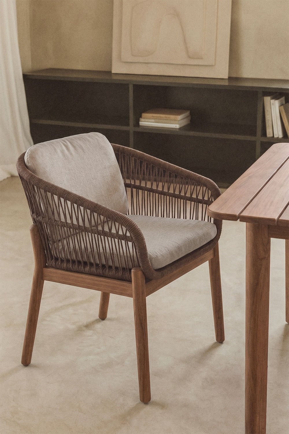 Conjunto de mesa retangular extensível Duala 250-310x105 cm e 8 cadeiras de jantar em madeira de acácia e corda trançada Karvia, imagem de galeria 2
