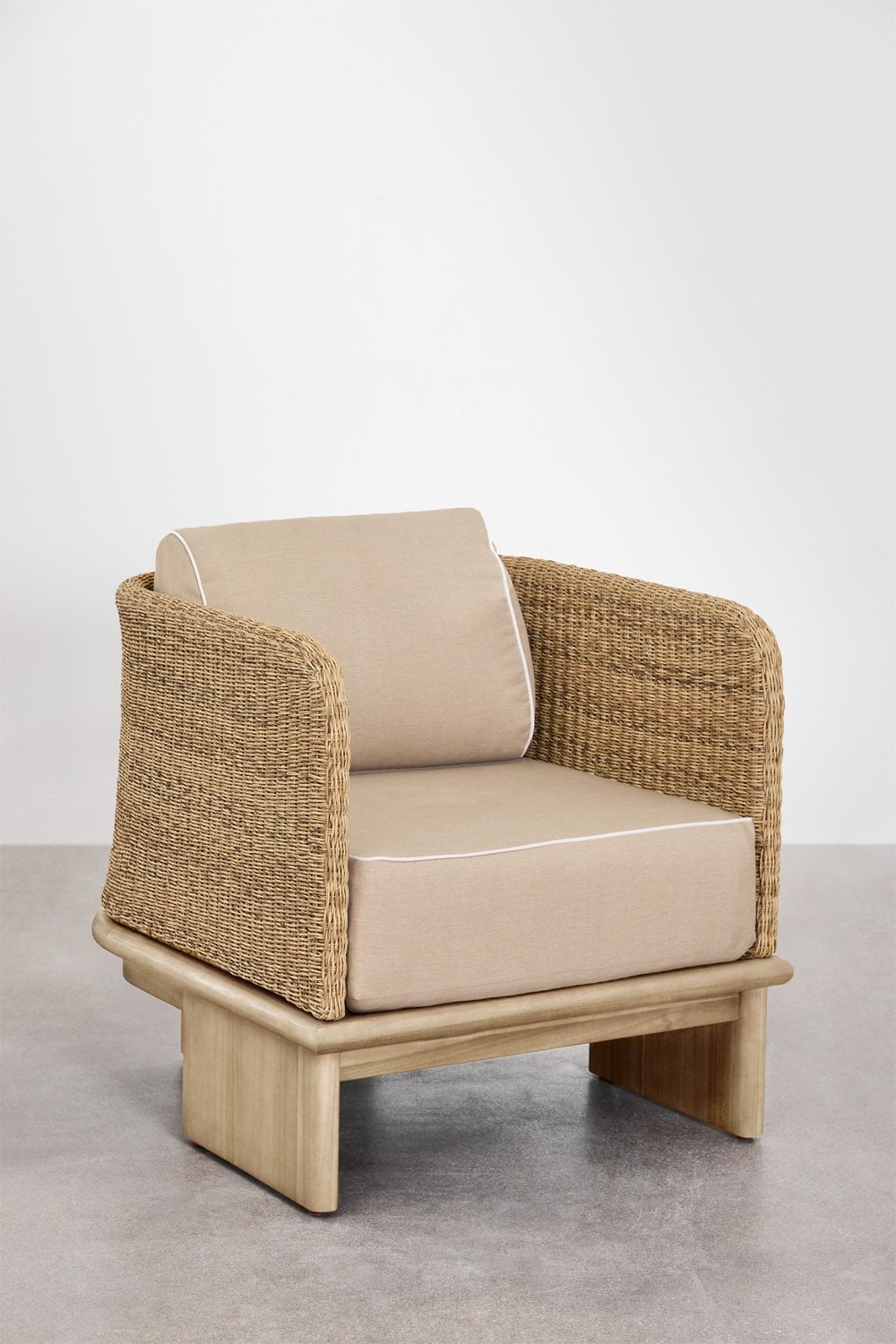Conjunto de jardim com sofá de 3 lugares, 2 poltronas e 2 mesas de centro 70x70 cm em rattan e madeira de acácia Famara, imagem de galeria 7