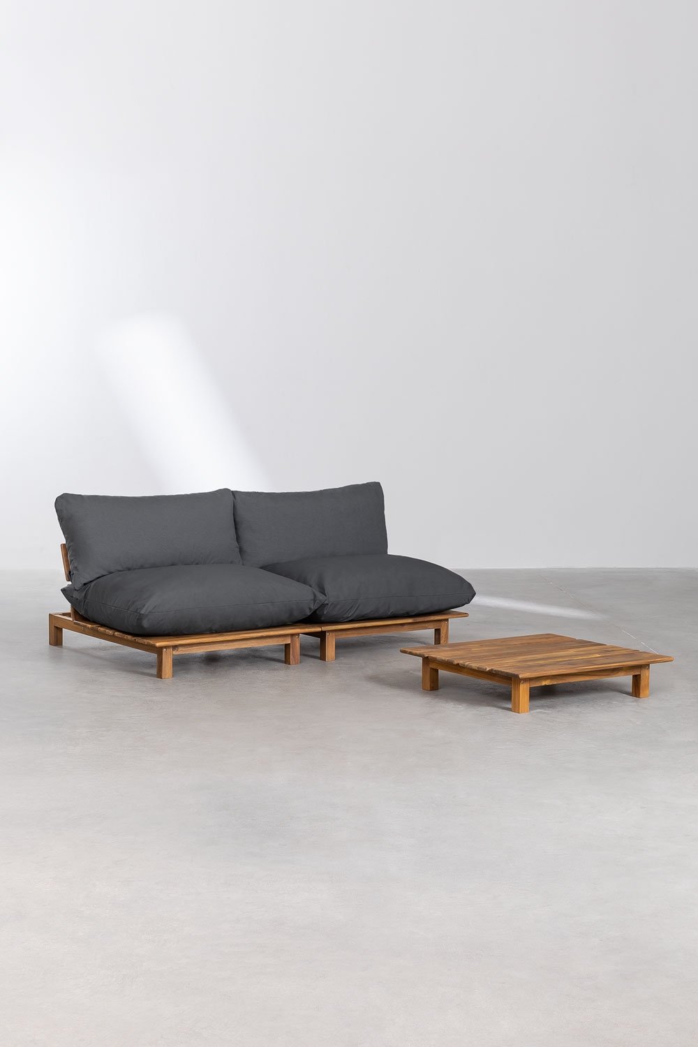 Conjunto de jardim com sofá modular reclinável de 2 peças e mesa de centro em madeira de acácia Brina, imagem de galeria 3
