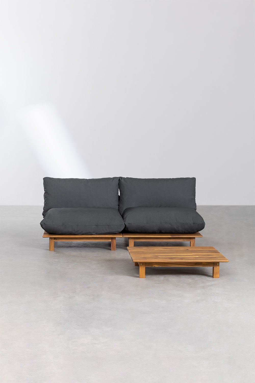 Conjunto de sala com sofá modular reclinável de 2 peças e mesa de centro em madeira de acácia Brina, imagem de galeria 3