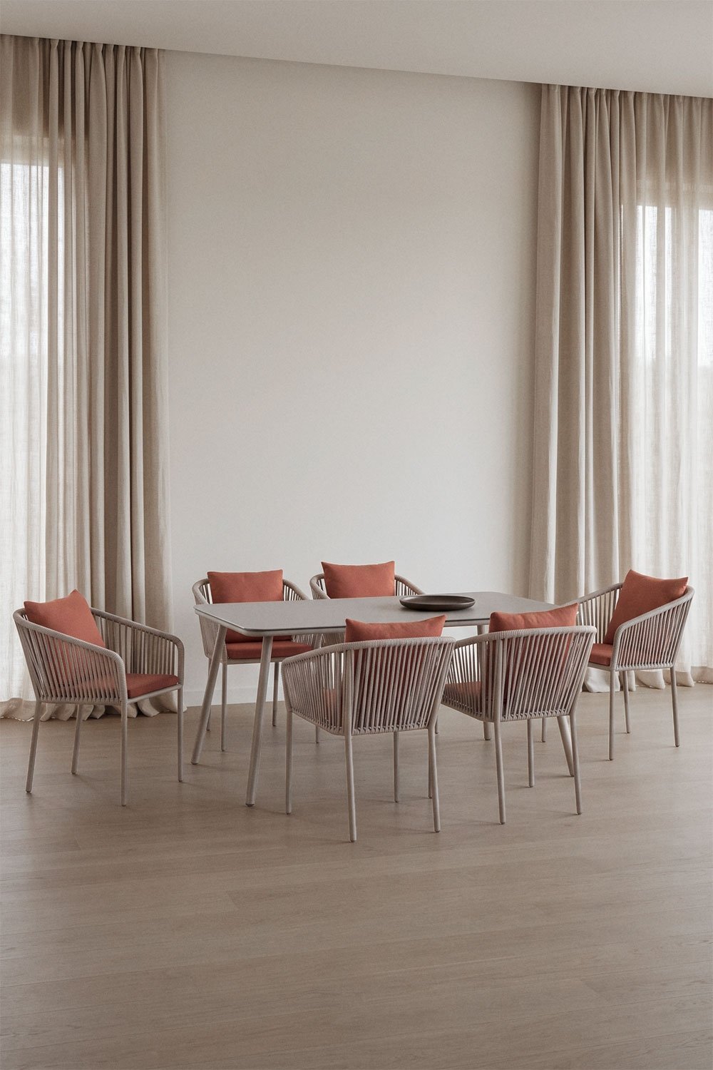 Conjunto de mesa retangular 160x90 cm e 6 cadeiras de jantar em corda trançada Arhiza Classic, imagem de galeria 1