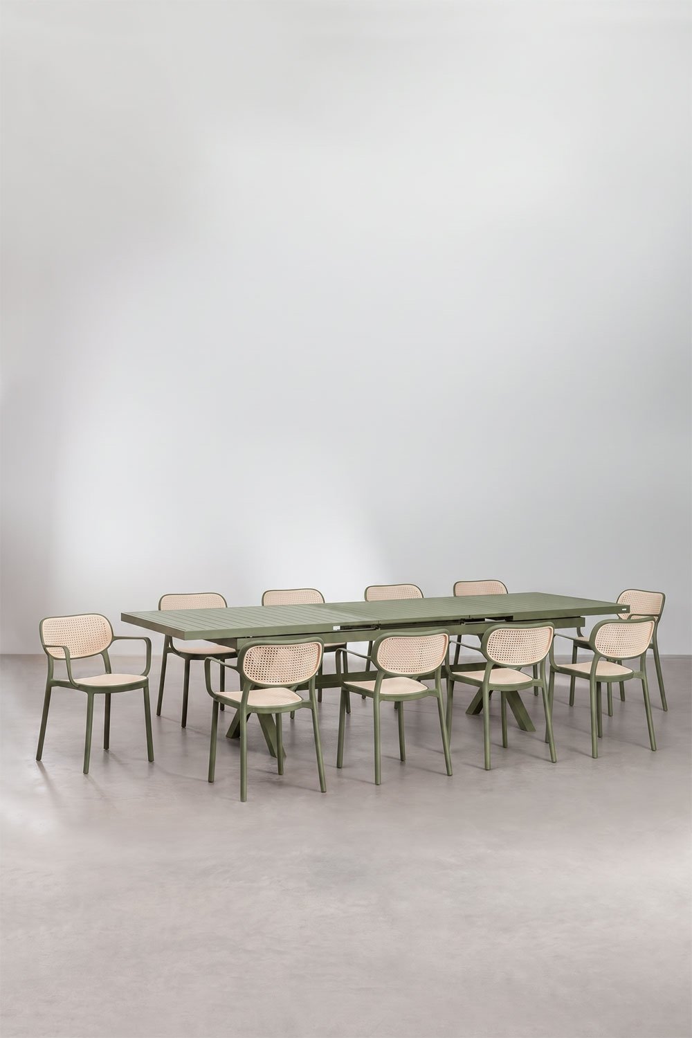 Conjunto de mesa retangular extensível Karena 240-300x100 cm e 10 cadeiras de jardim empilháveis com apoios de braços Omara, imagem de galeria 1
