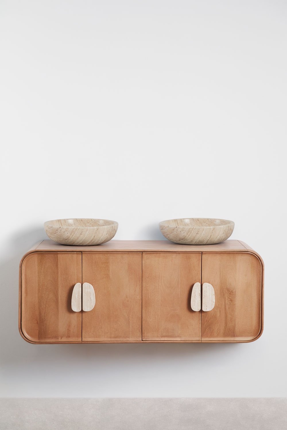 Conjunto de móvel de casa de banho dupla suspensa 130x45 cm em madeira de manga e pedra natural Kivalina, imagem de galeria 2