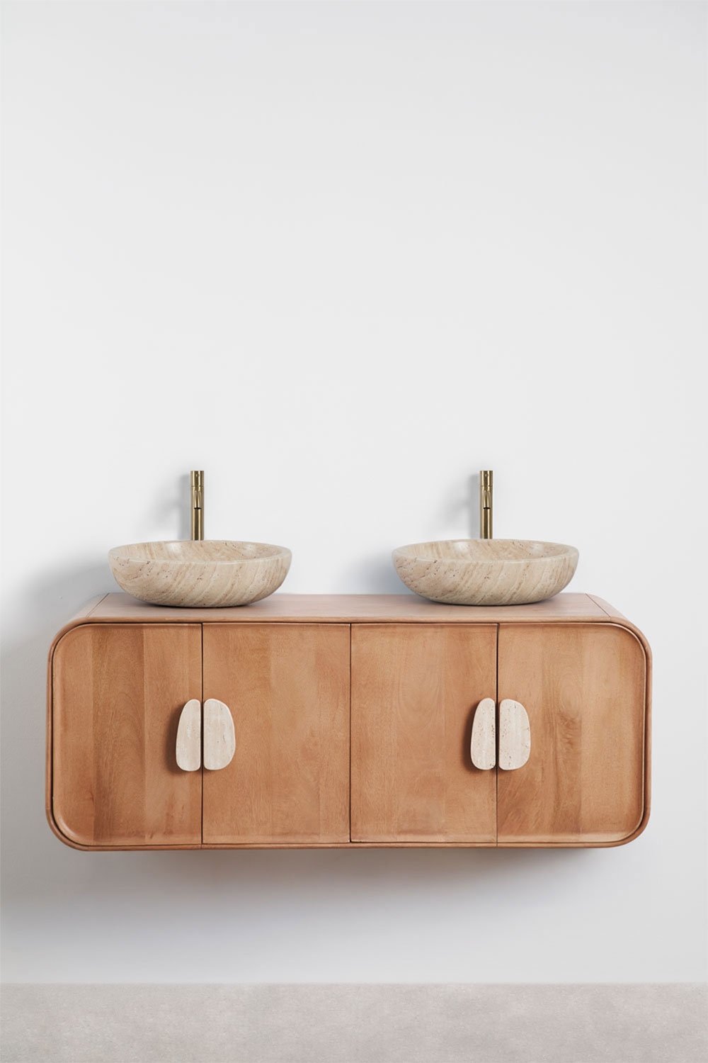 Conjunto de móvel de casa de banho dupla suspensa 130x45 cm em madeira de manga e pedra natural Kivalina, imagem de galeria 2