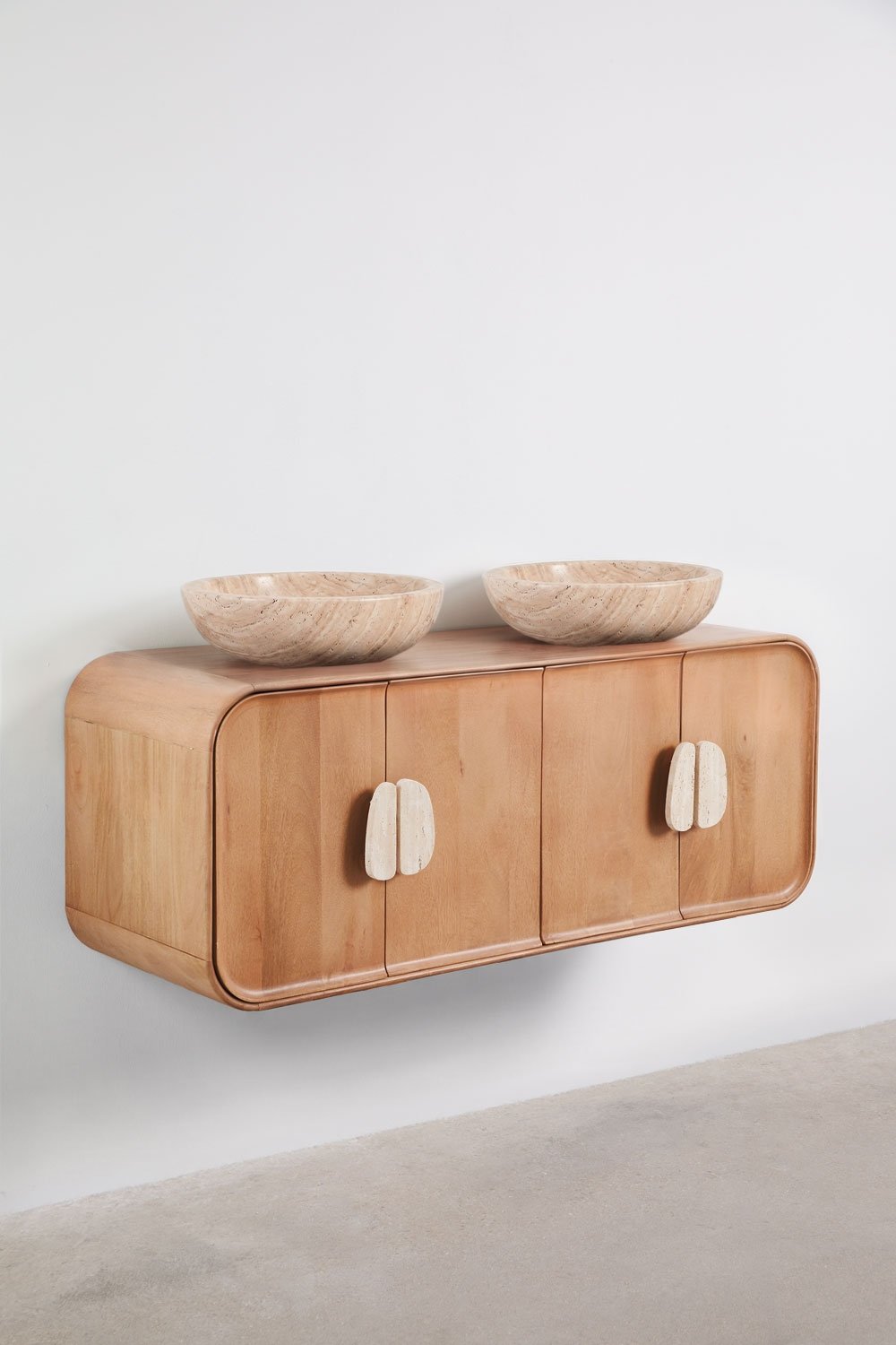 Conjunto de móvel de casa de banho dupla suspensa 130x45 cm em madeira de manga e pedra natural Kivalina, imagem de galeria 3