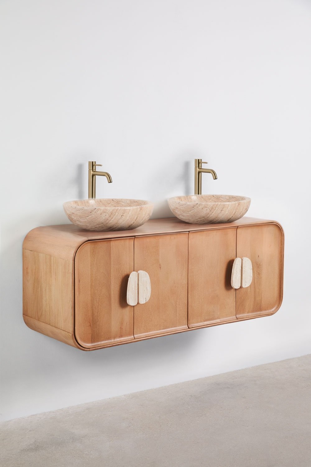 Conjunto de móvel de casa de banho dupla suspensa 130x45 cm em madeira de manga e pedra natural Kivalina, imagem de galeria 3