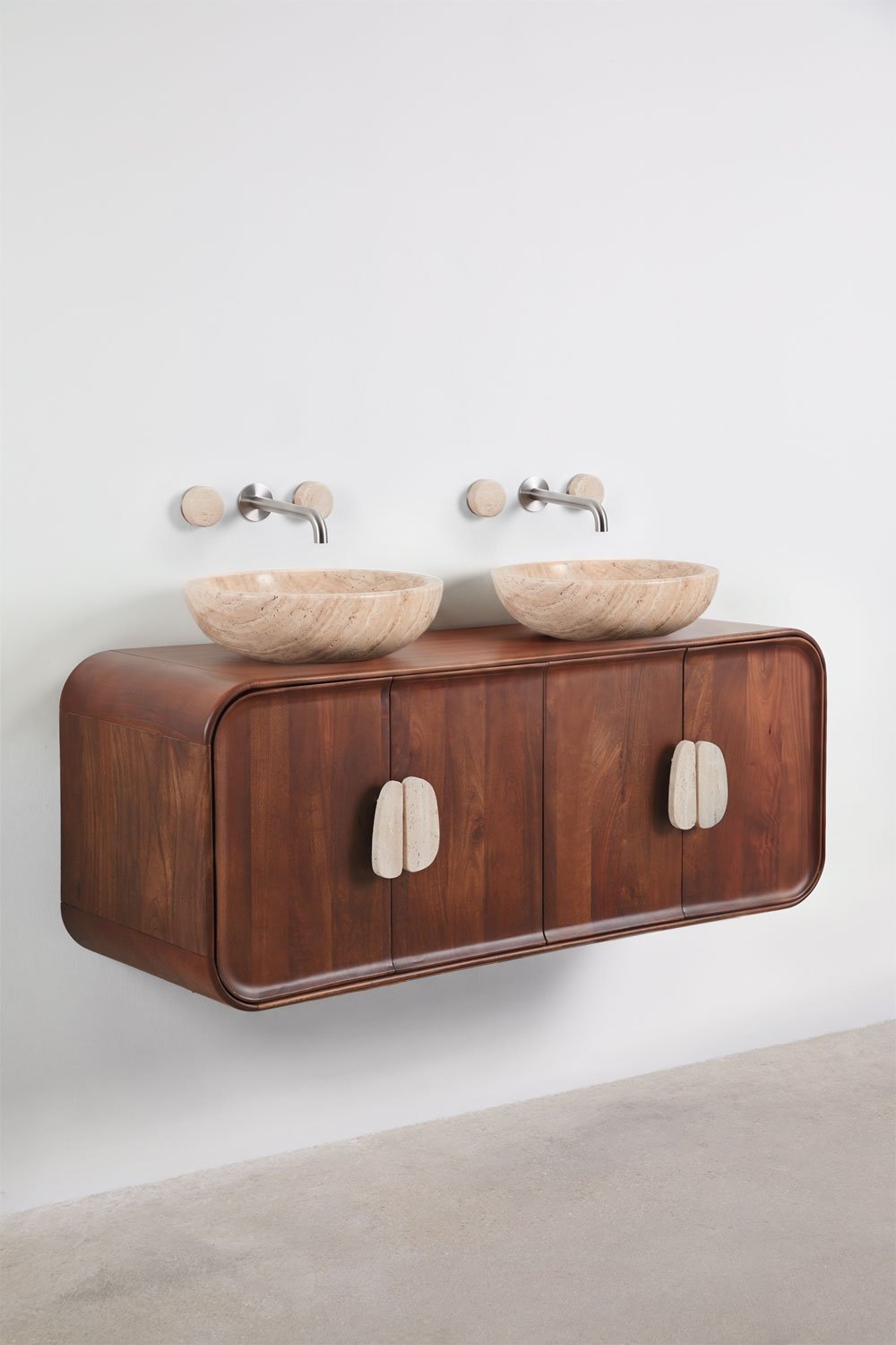 Conjunto de móvel de casa de banho dupla suspensa 130x45 cm em madeira de manga e pedra natural Kivalina, imagem de galeria 4