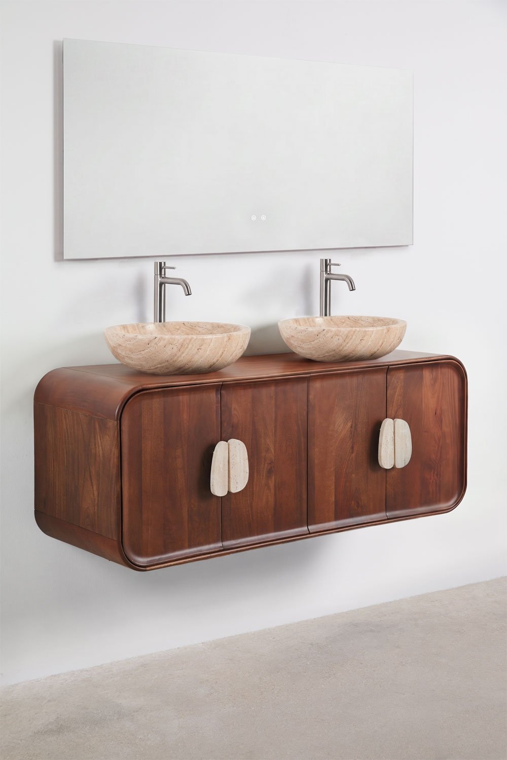 Conjunto de móvel de casa de banho dupla suspensa 130x45 cm em madeira de manga e pedra natural Kivalina, imagem de galeria 4