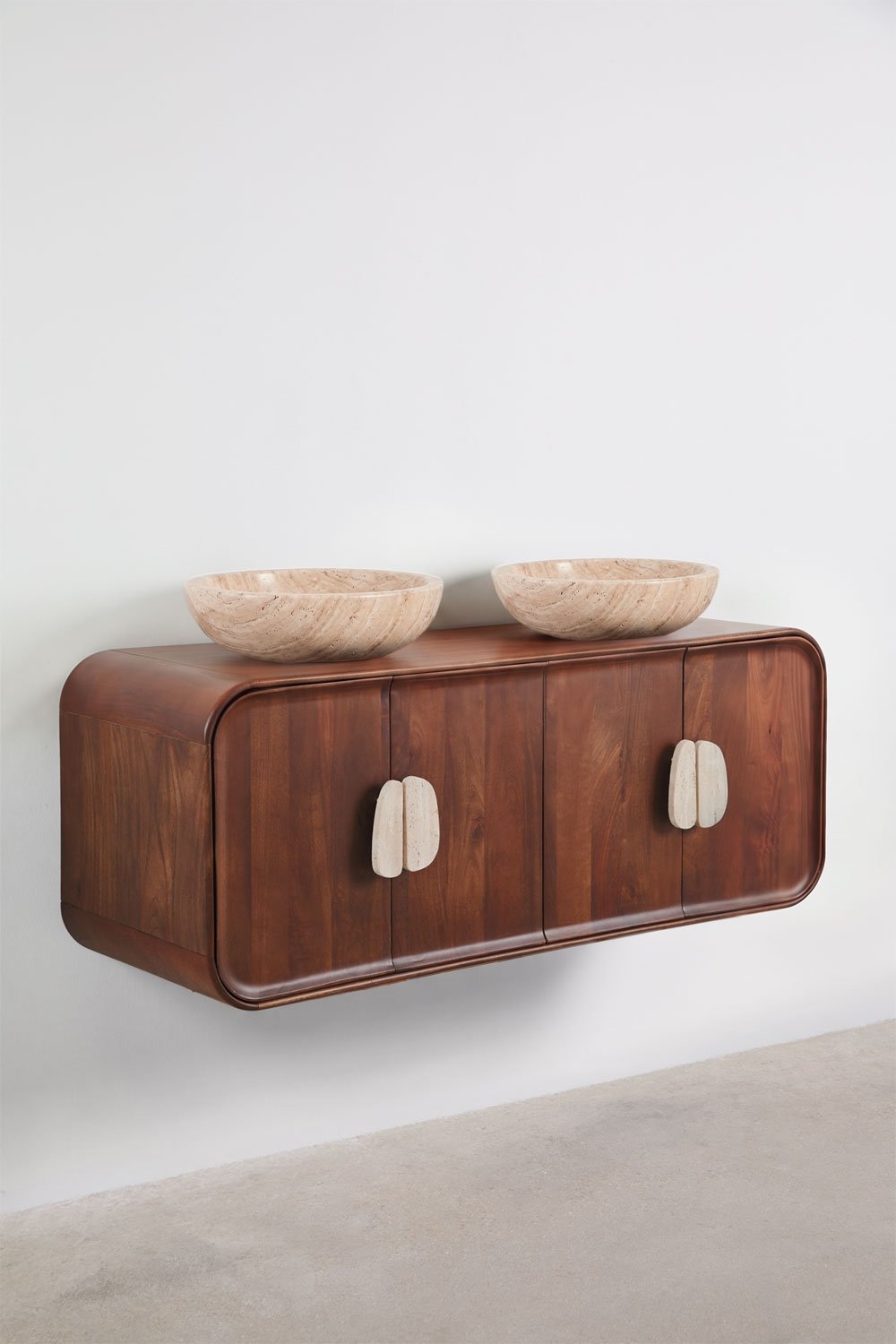 Conjunto de móvel de casa de banho dupla suspensa 130x45 cm em madeira de manga e pedra natural Kivalina, imagem de galeria 4