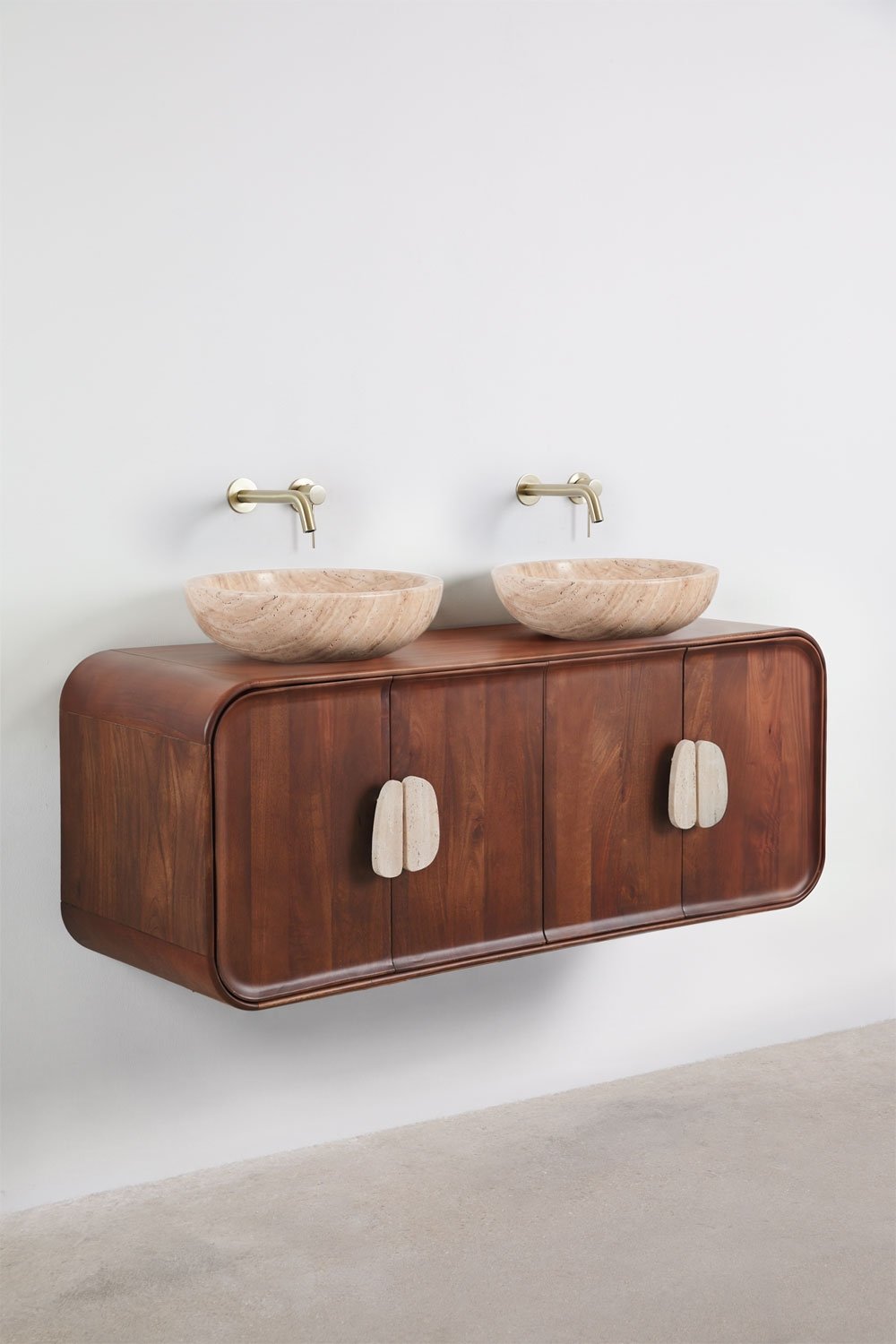 Conjunto de móvel de casa de banho dupla suspensa 130x45 cm em madeira de manga e pedra natural Kivalina, imagem de galeria 2