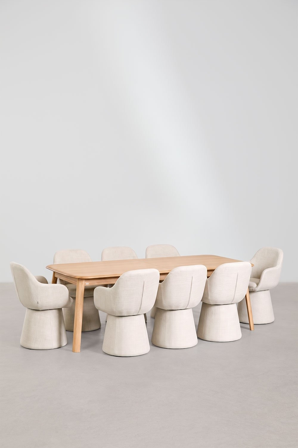 Conjunto de mesa extensível 220-320x95 cm em madeira de carvalho Treveris e 8 cadeiras de jantar com braços em tecido Erica, imagem de galeria 3