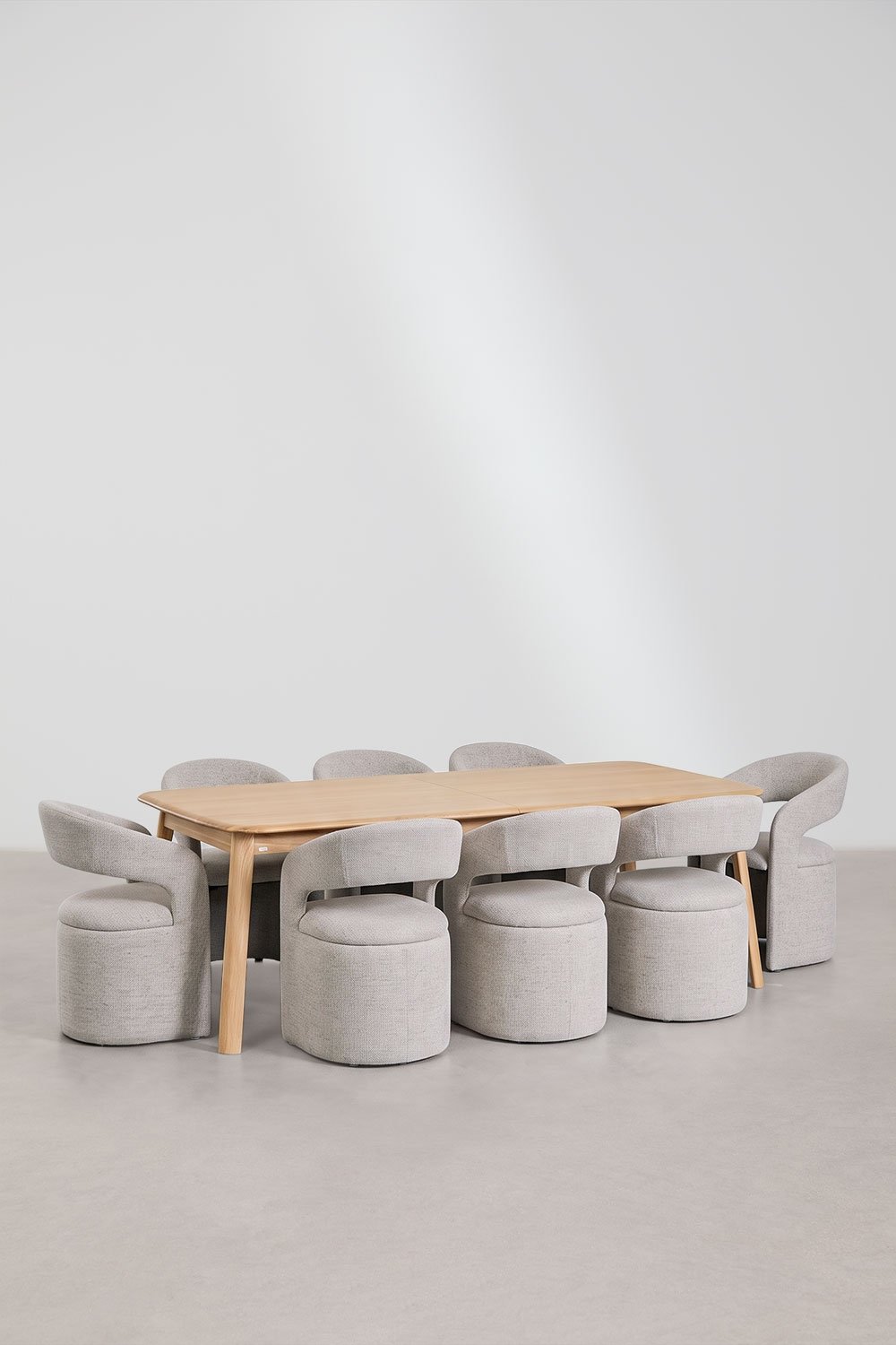 Conjunto de mesa extensível (220-320x95 cm) em madeira de carvalho Treveris e 8 cadeiras de jantar com braços em tecido bouclé J, imagem de galeria 3