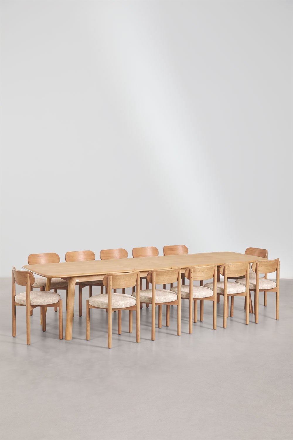 Conjunto de mesa extensível 220-320x95 cm em madeira de carvalho Treveris e 12 cadeiras de jantar em madeira de carvalho e cheni, imagem de galeria 3