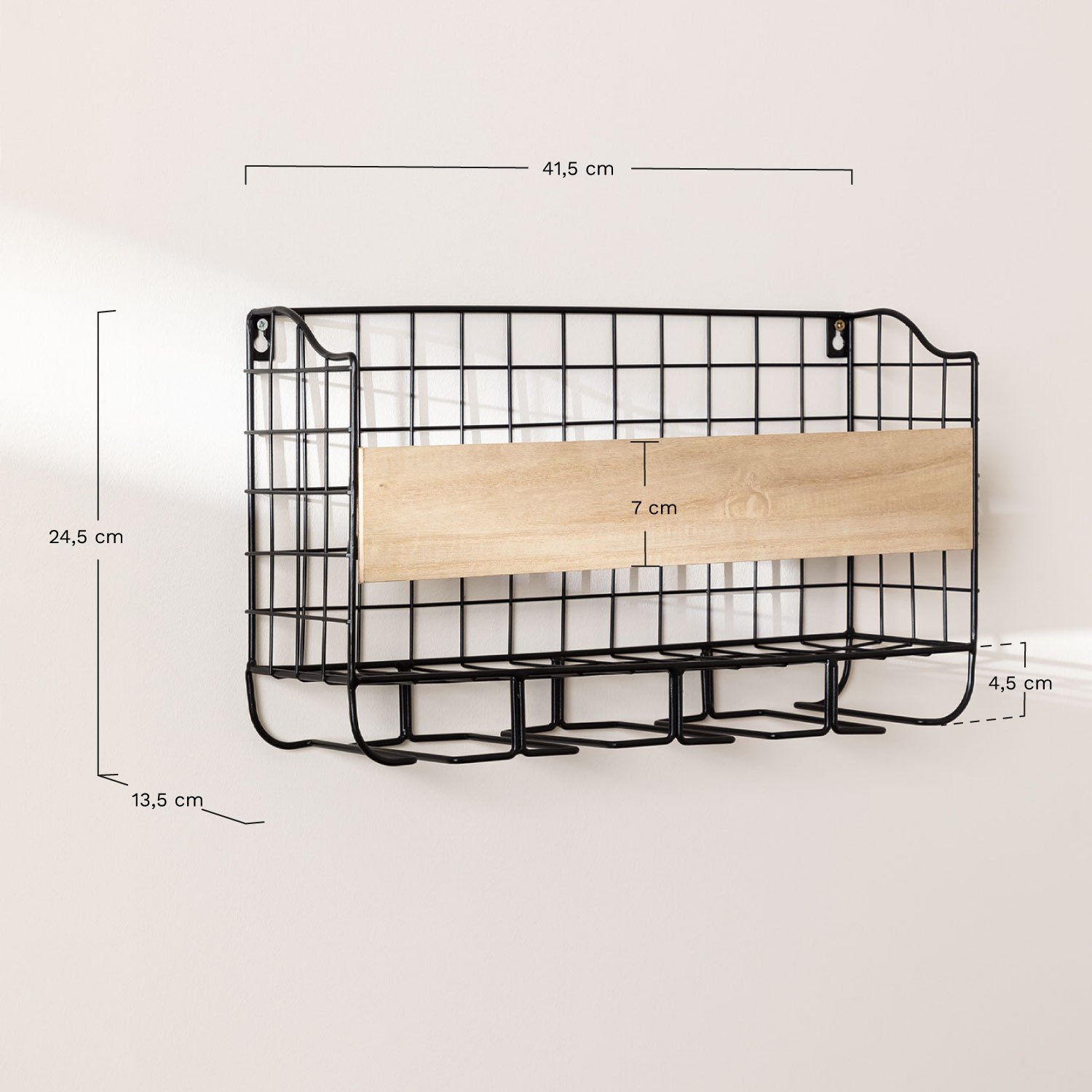 Wall-mounted wine rack for 4 bottles with glass holder Parker, MEASURES