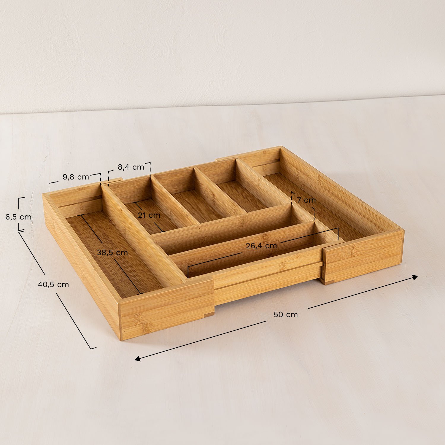 Adjustable bamboo cutlery tray Keon, MEASURES