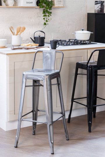 High Stool With Steel Brushed Backrest, Metal And Wood Bar Stool With Backrest