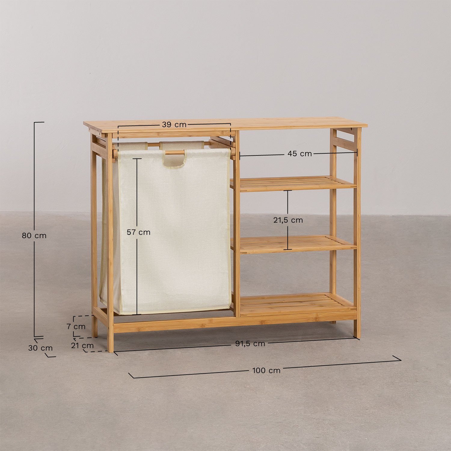 Cormac shelving unit with laundry basket, MEASURES