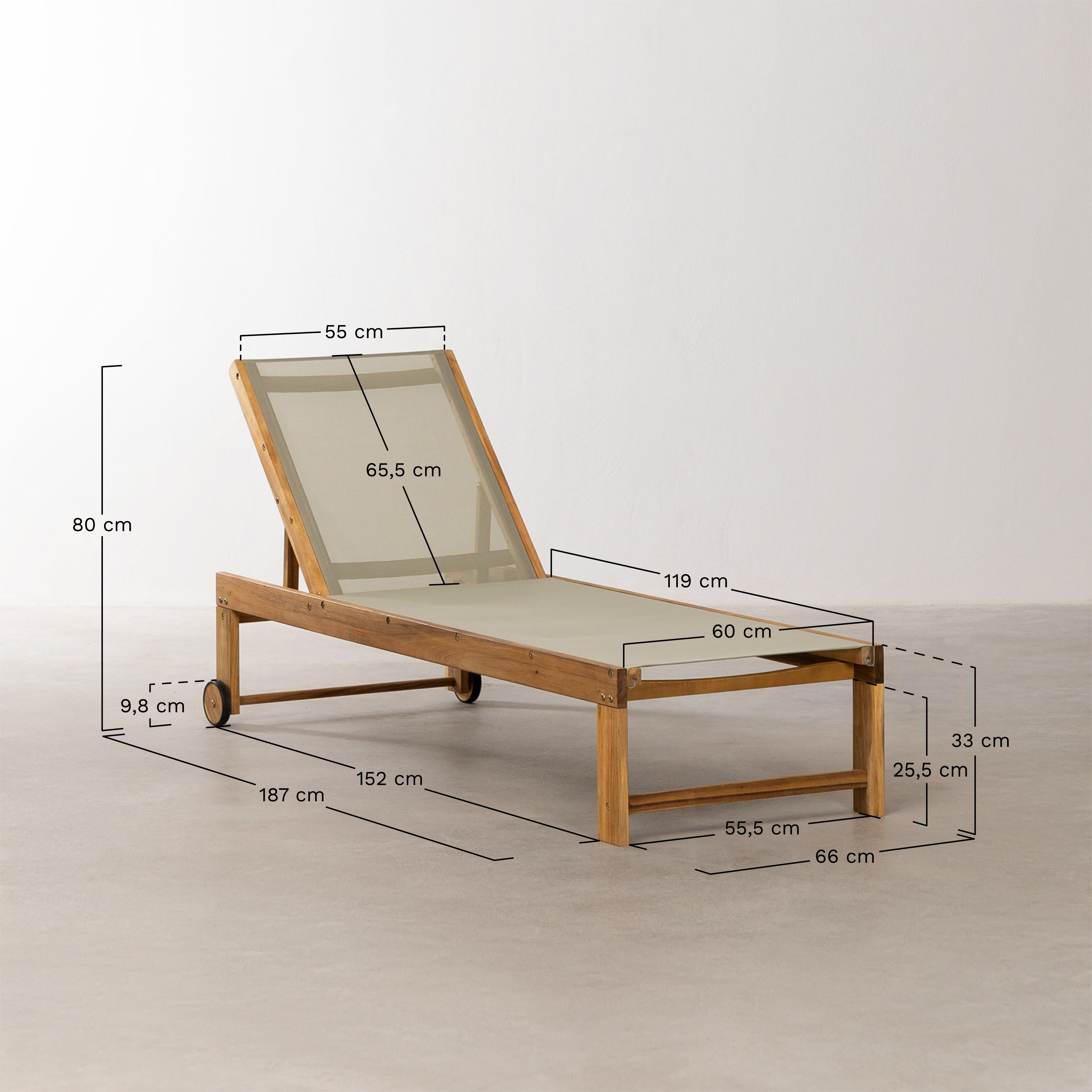 Valerys wooden reclining sun lounger, MEASURES