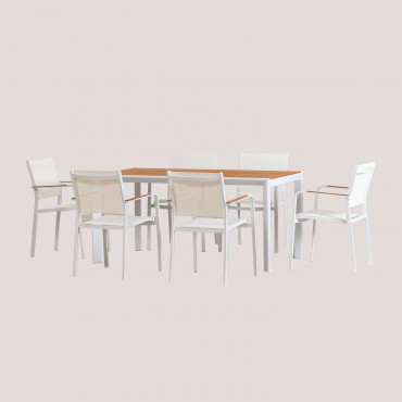 Rectangular 160x90 Cm Dining Table Set In Archer Classic Eucalyptus Wood And 6 Stackable Archer Aluminum Garden Chairs Gardenia White - Sklum