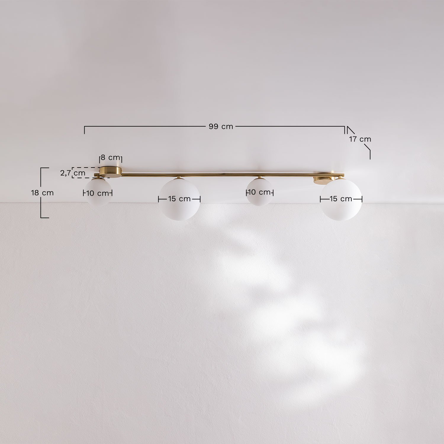 Iron ceiling light with 4 Uvol glass balls, MEASURES