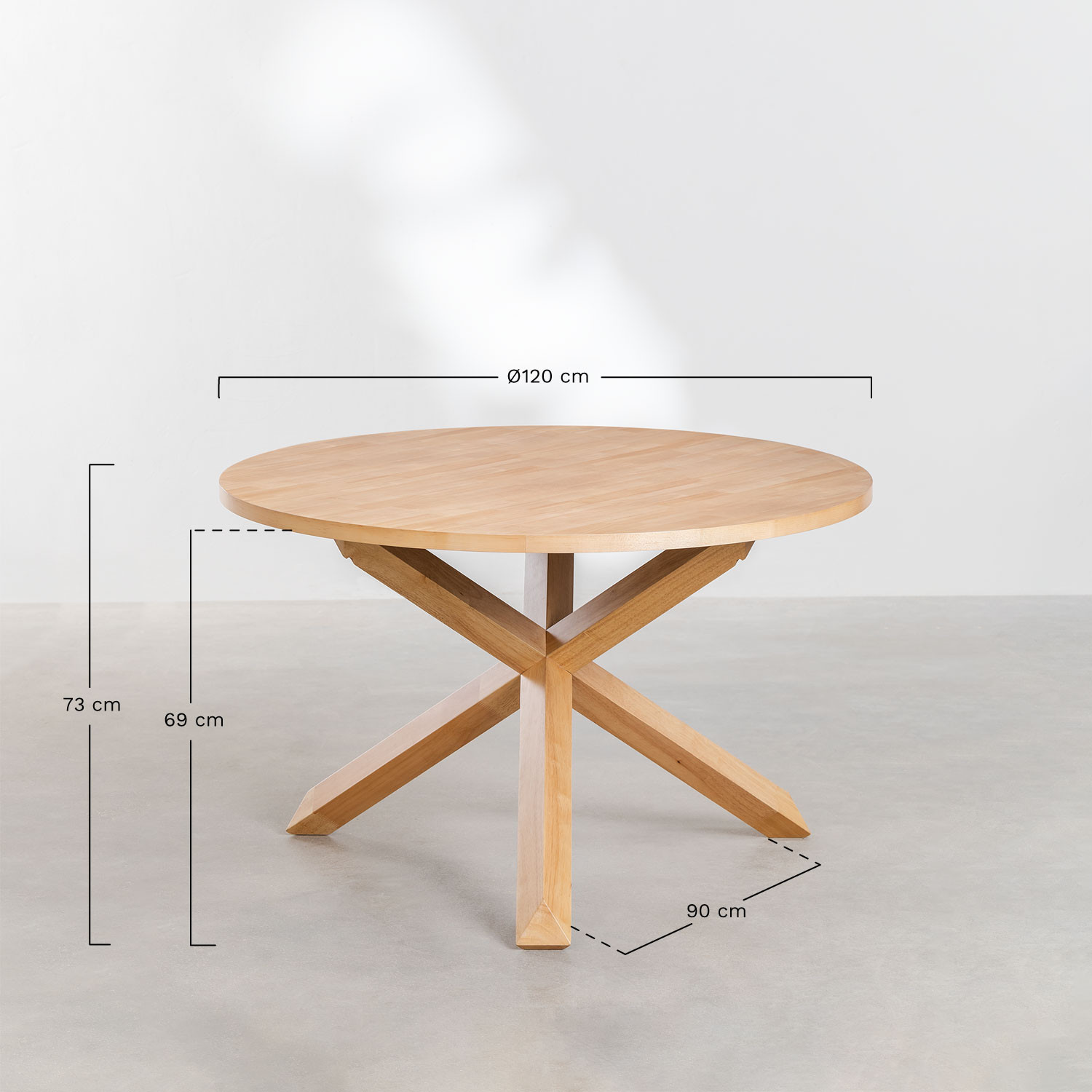 Mieren Round Dining Table Set (Ø120 cm) and 4 Chairs with Armrests in Ash Wood and Rattan Lali Style, MEASURES