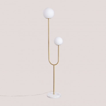 Niama Floor Lamp In Iron, Marble And Two Glass Balls Golden - Sklum