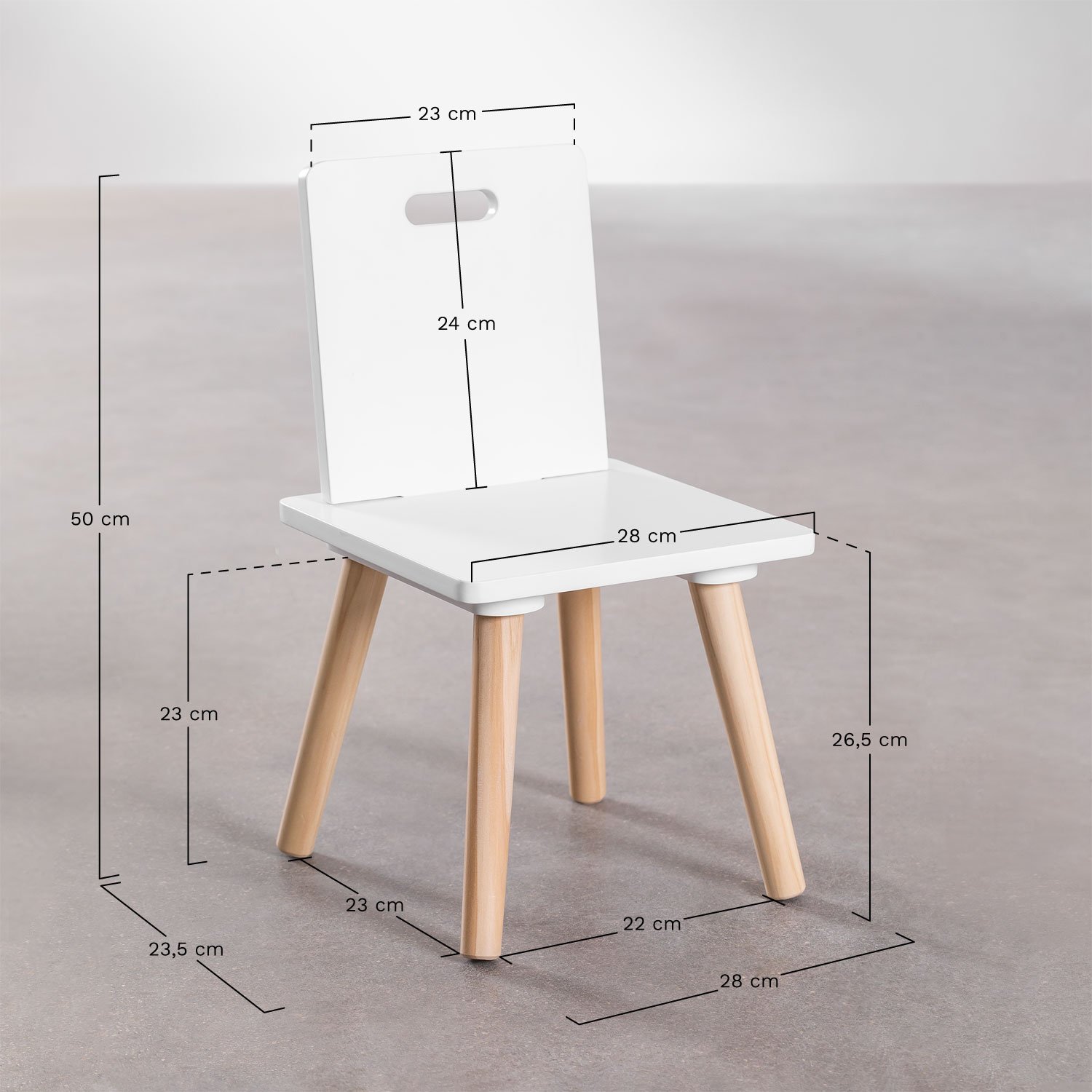 Tom Kids chair in MDF and pine wood, MEASURES