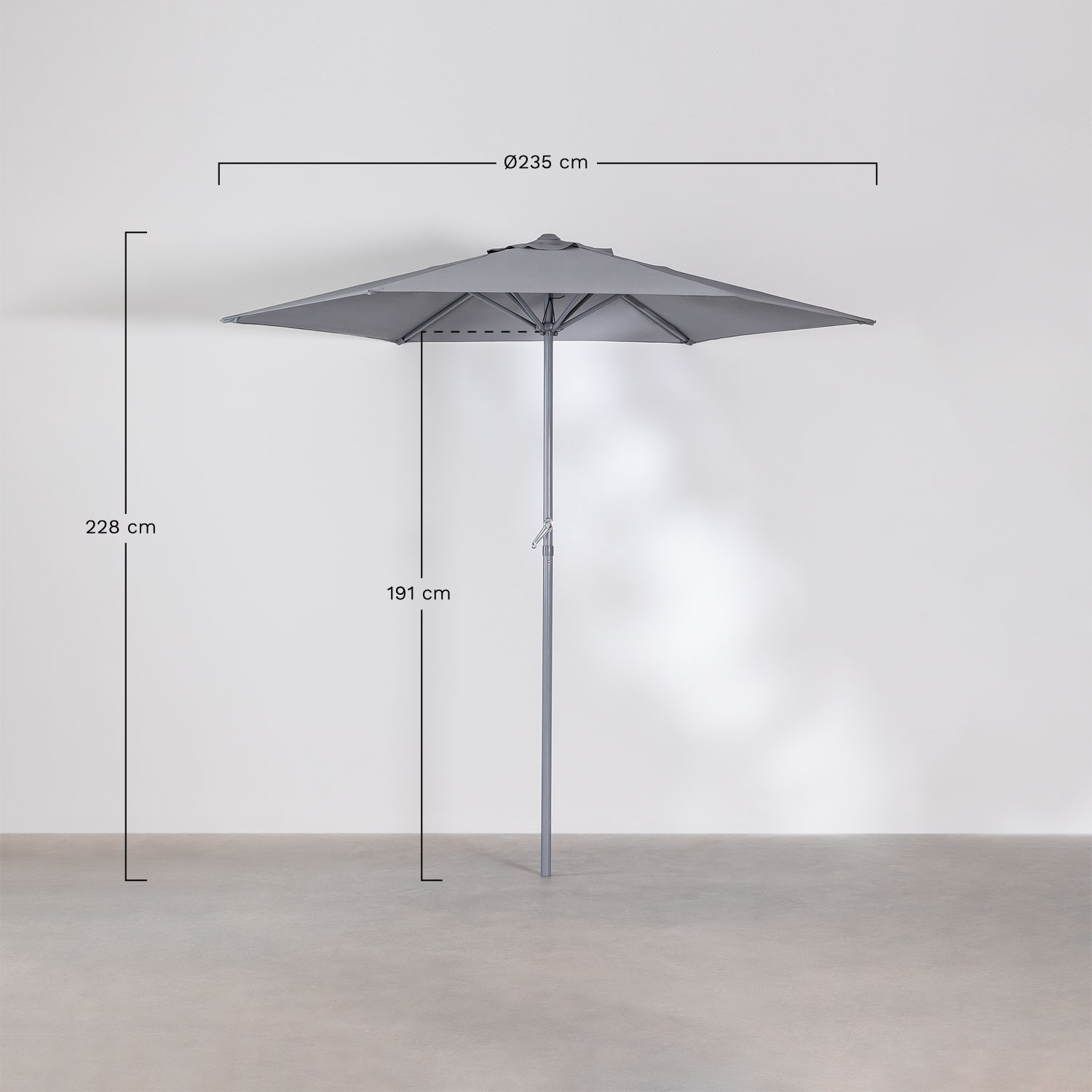 Jaden Ø235 cm umbrella in fabric and aluminum, MEASURES