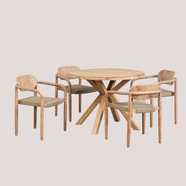Round Table Set (ø100 Cm) And 4 Dining Chairs With Armrests In Wood Naele Brown Wheat - Sklum