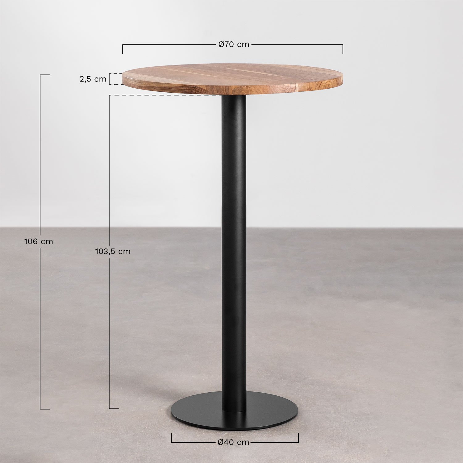 Round Acacia Wood High Bar Table Macchiato, MEASURES