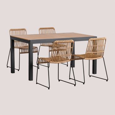 Set Of 150-197x90 Cm Rectangular Extendable Table In Aluminium Saura And 4 Aroa Synthetic Rattan Garden Chairs Grey Graphite - Sklum