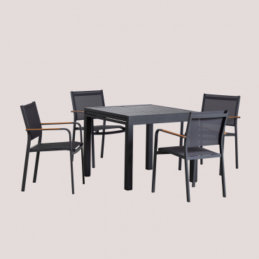 Set Of Rectangular Table 90-180x90 Cm Extendable In Starmi Aluminum And 4 Stackable Archer Aluminum Garden Chairs Grey Graphite - Sklum