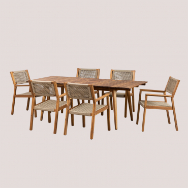 Rectangular Table Set 160-210x90 Cm Extendable And 6 Dining Chairs With Armrests In Acacia Wood Tenay Brown Wheat - Sklum