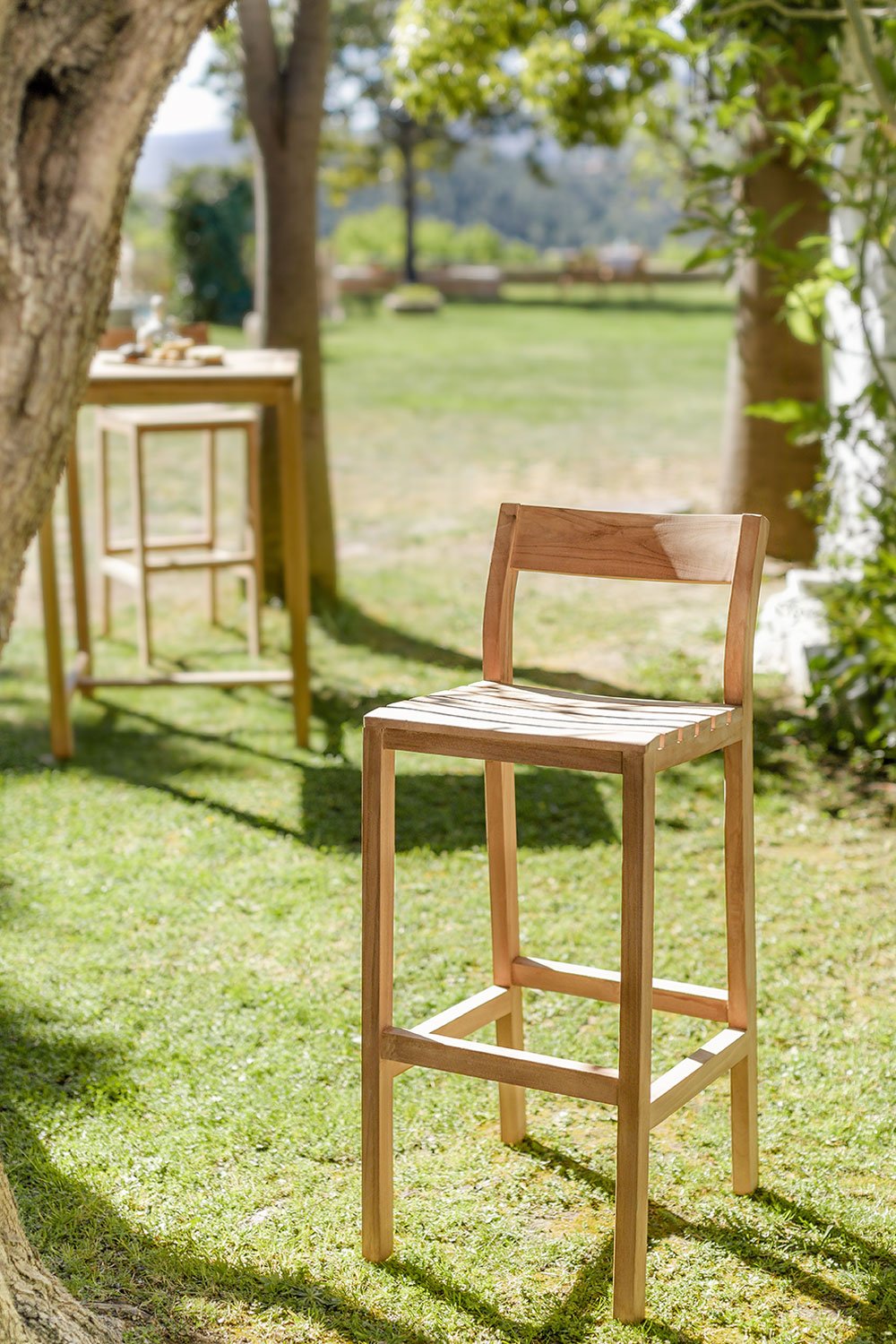 Teak counter store height stools