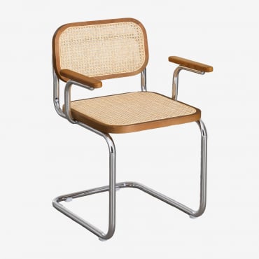 Tento Rattan And Steel Dining Chair With Armrests Dark Brown Wood & Grey Brass - Sklum