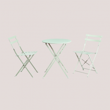 Garden Table Set Round Ø60 Cm In Steel And 2 Folding Garden Chairs Sergey Celadon Mousse - Sklum
