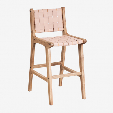 High Stool 60 Cm In Wood And Leather Zaid Light Pink - Sklum