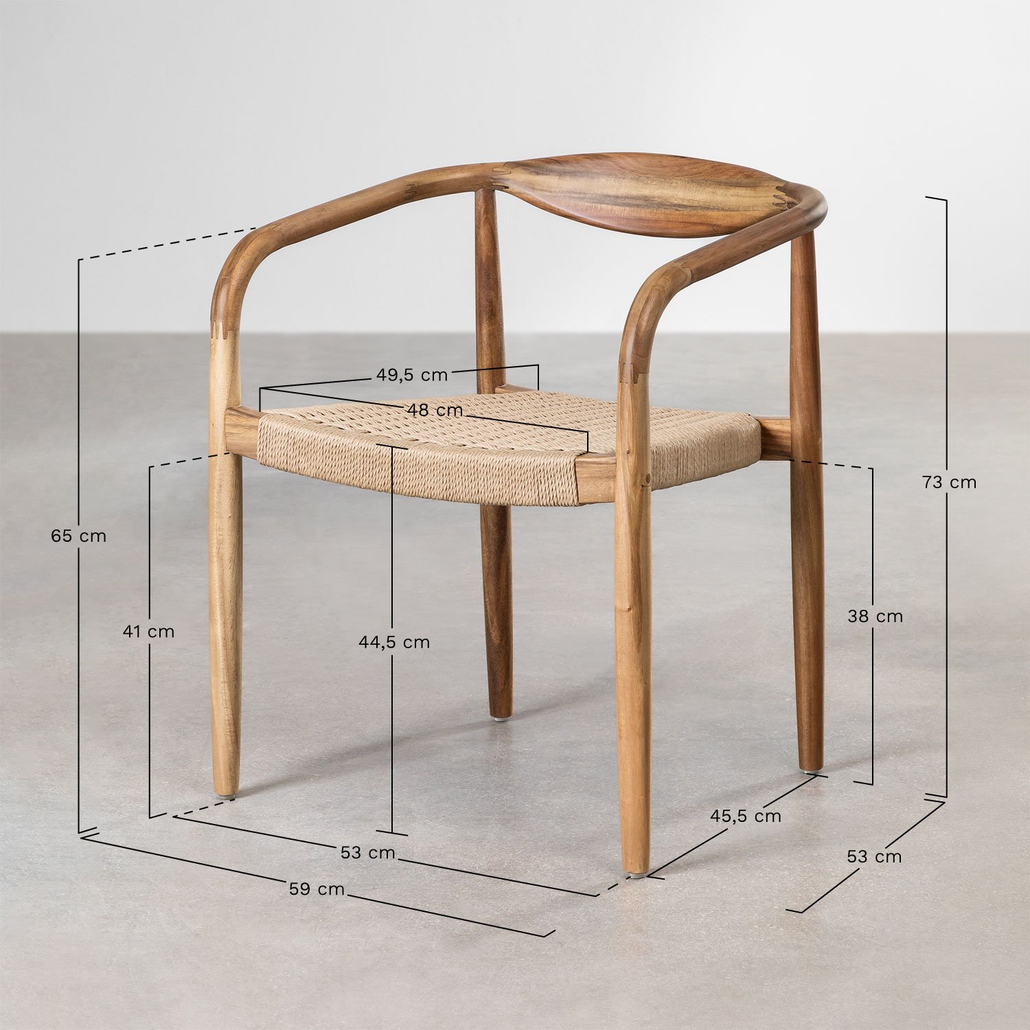 Mallory acacia wood dining chair, MEASURES