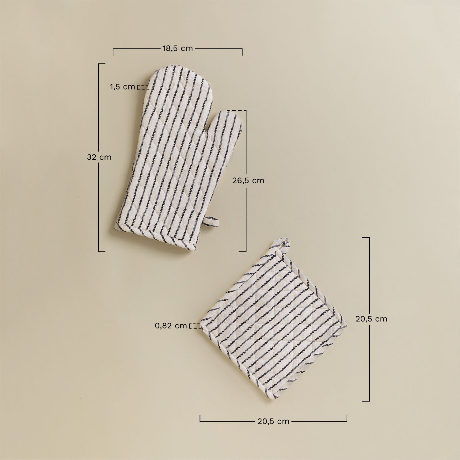 Oziel oven glove and cloth set, MEASURES