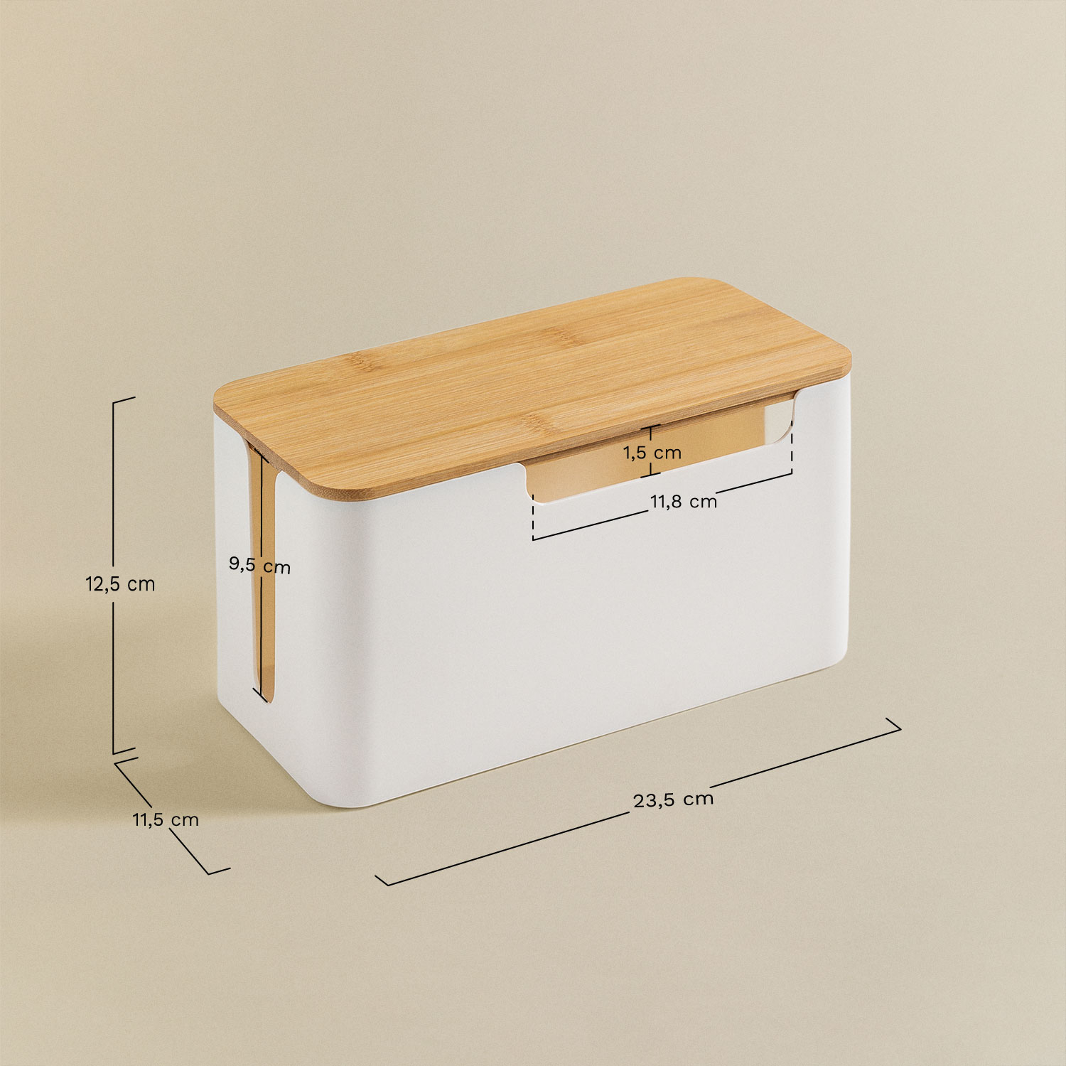 Rolayn polypropylene and bamboo wood cable organizer, MEASURES