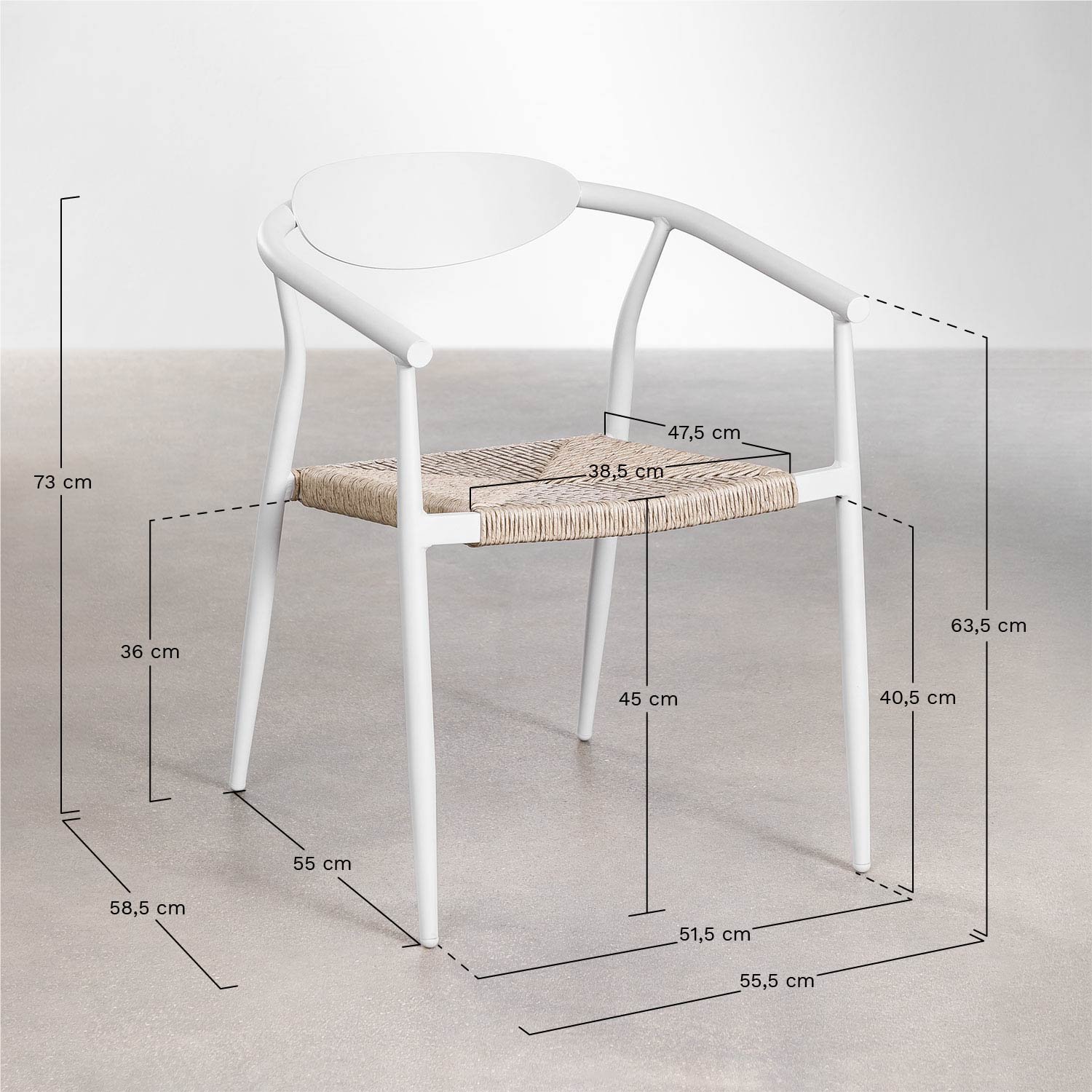 Set of 4 stackable dining chairs with armrests in aluminum and synthetic rattan Marsha, MEASURES
