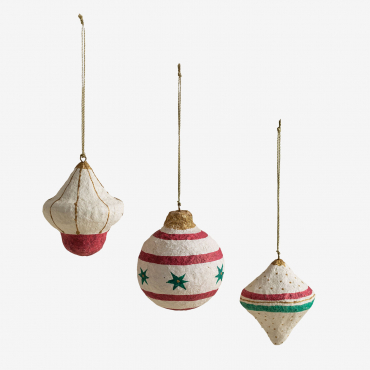 Set Of 3 Handmade Christmas Decorations In Paper Mache Bemot Beige Cream - Sklum