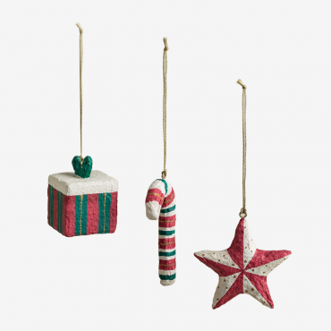 Set Of 3 Handmade Christmas Decorations In Paper Mache Randolf Garnet Red - Sklum