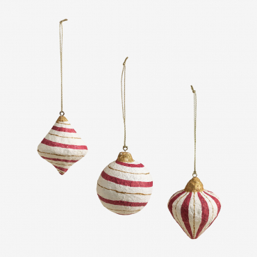 Set Of 3 Handmade Christmas Decorations In Grisen Paper Mache Garnet Red - Sklum