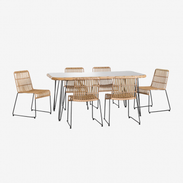 Rectangular Table Set In Synthetic Wicker (180x90 Cm) Leribert And 6 Dining Chairs In Synthetic Rattan Aroa Natural - Sklum