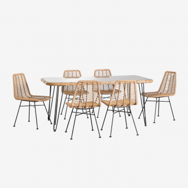 Rectangular Table Set In Synthetic Wicker (180x90 Cm) Leribert And 6 Garden Chairs In Synthetic Rattan Natural Gouda Natural - Sklum