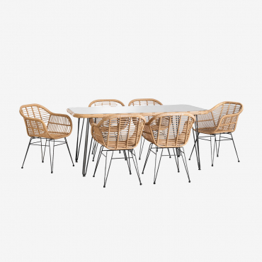 Rectangular Synthetic Wicker Table Set (180x90 Cm) Leribert And 6 Zole Synthetic Wicker Garden Chairs Natural - Sklum